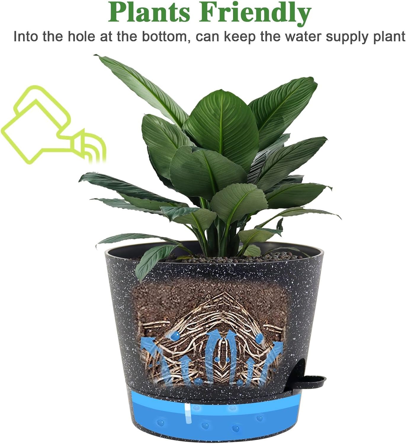 Self Watering Pots for Indoor Plants,12 inch Planters with Drainage Holes Plastic Flower Pots with Deep Reservoir, Black Speckles