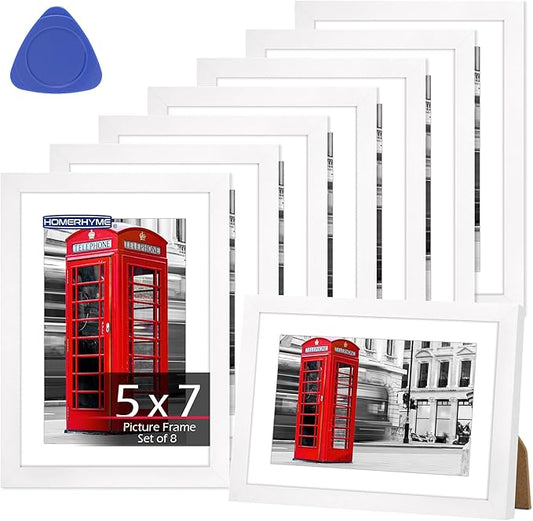 5x7 Picture Frame Set of 8, White Photo Frames for Gallery Wall Mounting or Table Display, Display Pictures 4x6 with Mat or 5x7 Without, Poster Frames with Plexiglass for Home Office Decor