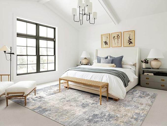 UERMEI 5x7 Area Rug Living Room Rugs - Washable Neutral Modern Abstract Soft Thin Large Rug Indoor Floor No Slip Rug Carpet for Bedroom Under Dining Table Home Office Decor - Blue Grey
