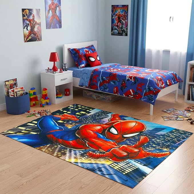 Spiderman Rug for Kids Room Set - Bundle with 48x72in Area Carpet for Bedroom, Room Decor, Plus Stickers and More | Spiderman Rug for Bedroom