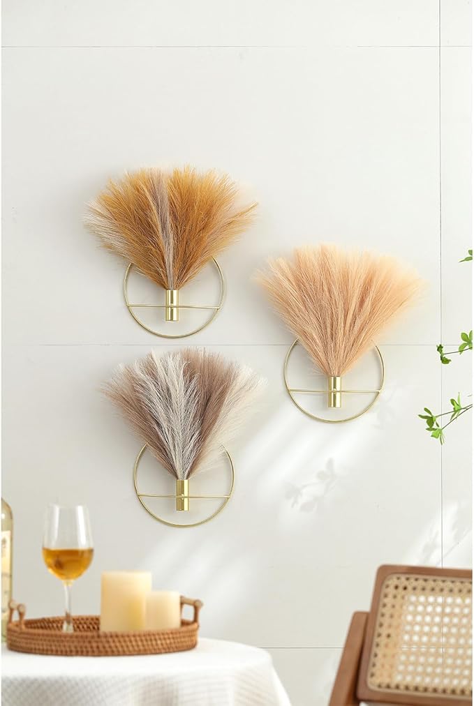 Pretty Jolly Boho Wall Decor, Wall-Mounted Metal Wall Decor, Hanging Artificial Pampas Display, Wall Art Living Room, Bedroom, Bathroom, Dining room, Plant Wall Decor 2 Pack,Turmeric,LightCoffee,Black