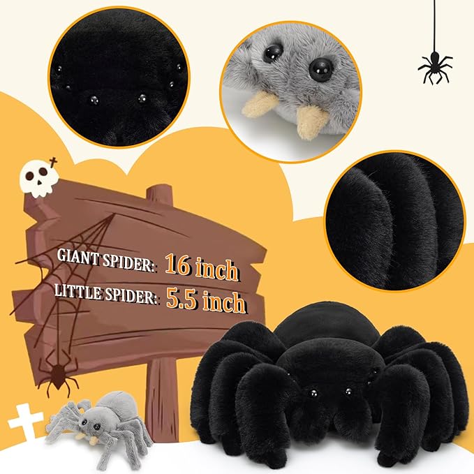 MorisMos 4Pcs Large Spider Plush, 16 Inch Mommy Spider Stuffed Animals with 3 Baby, Soft Cuddly Pillow Plush Gifts for Kids Boys Girls, Black