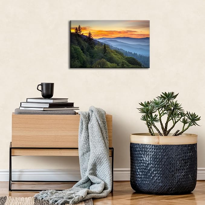 Sunset Mountain Wall Art for Living Room Blue Ridge Mountains Picture National Park Landscape Poster Nature Photo Canvas Prints Trees Forest Painting Framed Artwork Home Office Decorations 12x16”