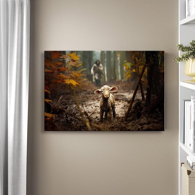 Ploceiny large artwork for wall Baptism wall art gifts for prayer room Jesus Running After Lost Lamb Picture for home decor canvas wall prints for for Living Room Bedroom decorations .(36"X24") A-399