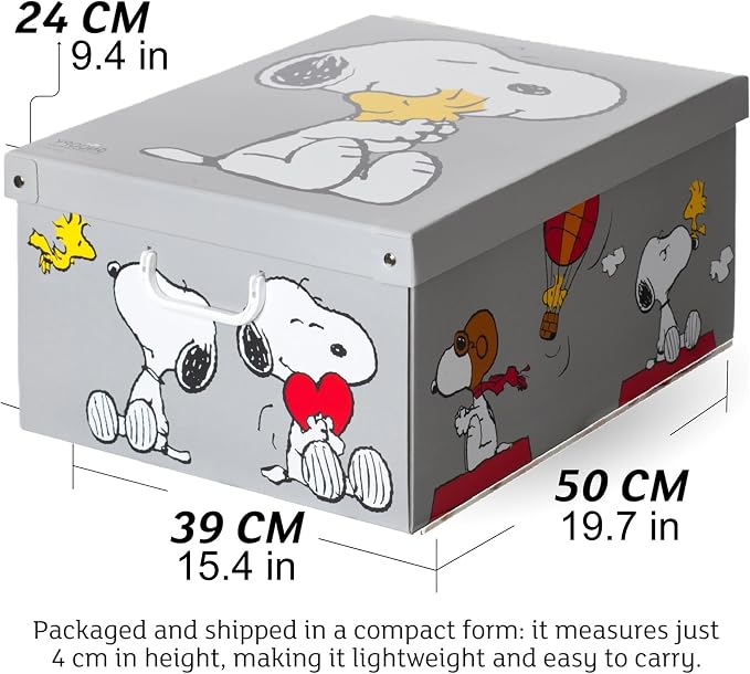 Lavatelli: Storage Box 6 Pack: Large - Snoopy - Grey, Lid & Handles, Decorative Cardboard Organizer, Stack-Fold, Home-Clothes-Toys, 19.7 x 15.4 x 9.4"