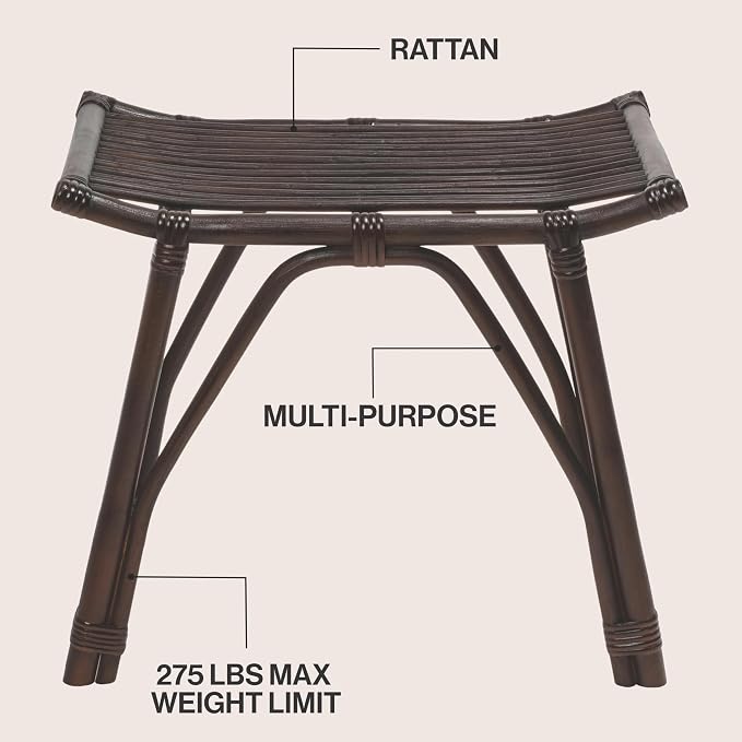JONATHAN Y Gabriel 18" Handcrafted Rattan and Teak Wood Vanity Stool, Bohemian Backless Accent Ottoman Footstool, Dark Brown STL3005B