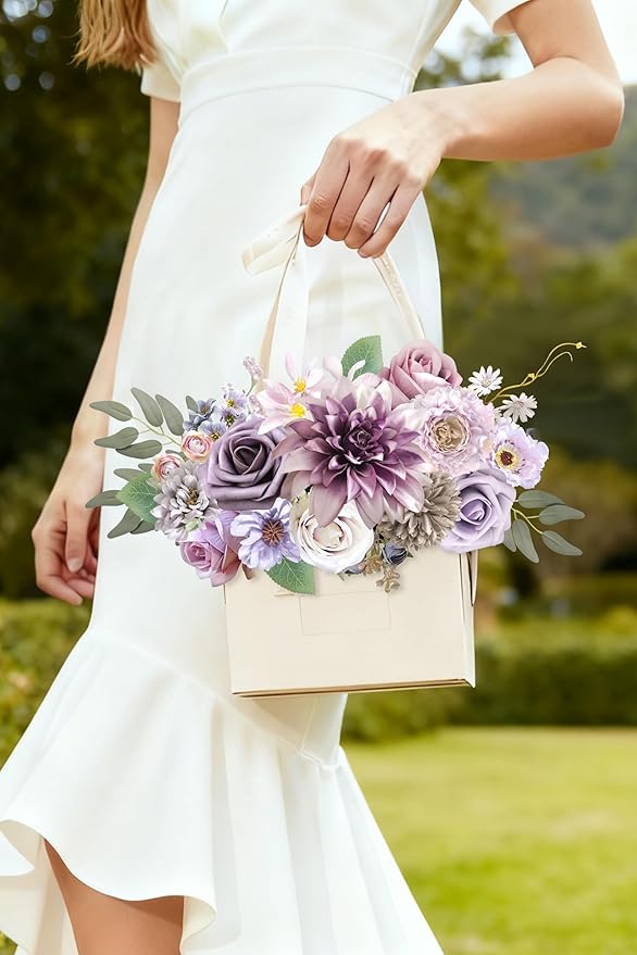 rongflower Purple Artificial Flowers Combo Box Set Silk Flowers Fake Rose for DIY Floral Arrangements Wedding Bouquets Centerpieces Baby Shower Party Home Decorations