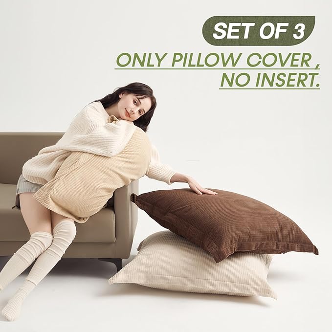 COCO TOP Set of 3 Corduroy Large Pillow Covers 26x26inch, Super Soft-Touch Boho Vintage Earth Tones Cushion Cases for Sofa, Living Room, Bedroom, Office,Game Home（Dark Brown, Beige & Camel）