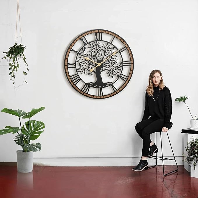 Micasso Vintage Oversize Wall Clock: 38Inch Farmhouse Tree of Life Metal with Wood Frame - Rustic Battery Operated Wall Clocks for Fireplace/Living Room/High-Ceiling - Home Decor for Homemakers