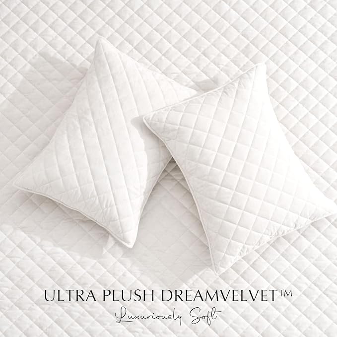 EverGrace Luxury Velvet Quilt Set King Size, Diamond Quilted Lightweight Velvet Comforter for All Season, Ultra Soft Oversized Bedspread Coverlet Bedding Set with 2 Pillow Shams, Ivory White