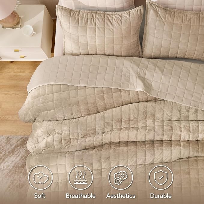 BEDELITE Velvet Quilt Set King Size - Luxury Soft Velvet Comforter Bedding Set for All Season, Lightweight Quilted Box Stitch Oversized Bedspread Coverlet with 2 Matching Shams, Taupe