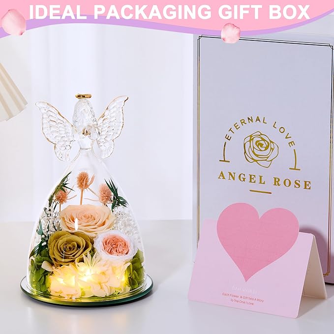 Mothers Day Rose Gifts for Women Preserved Real Flower in Glass Angel Figurines Roses for Delivery Prime Birthday Gifts for Mom Grandma Girlfriend Wife Her, ChampagneGold Austin
