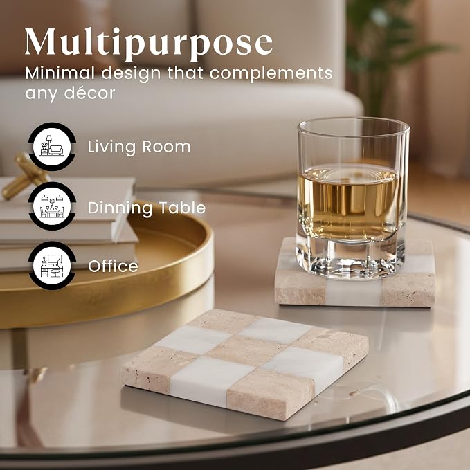 Marble Coasters Set of 4, Travertine & White Matt Handmade 4 inch Square Checkered Stone Coaster, Drink Coasters for Living Room, Trendy Office Desk Accessories & Home Décor