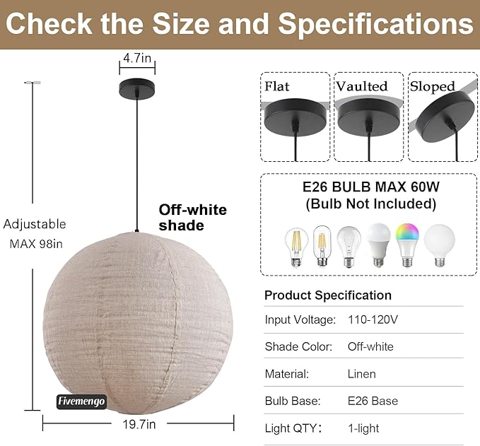 Linen Pendant Light Kit with Cord and Ceiling Canopy, 20in Off-White Round Japanese Japandi Wabi Sabi Lantern Hanging Lamp Chandelier for Living Dining Room Bedroom Rented Apartment 1 Pack