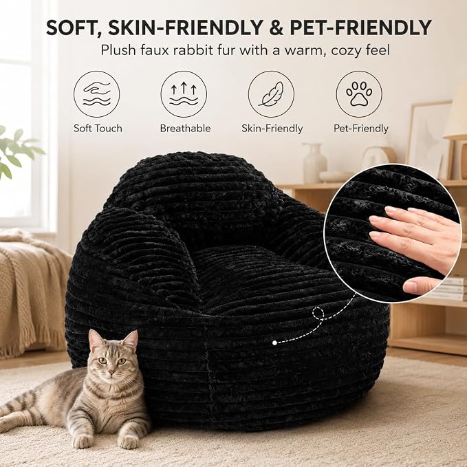 Simple Deluxe 3.25 ft Faux Fur Memory Foam Bean Bag Chair, Large Comfy Lazy Chair for Adult with Washable Cover, Perfect for Reading Gaming in Living Room Bedroom, Black