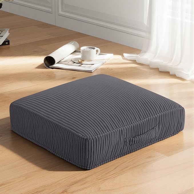 Floor Pillow for Adults, 4" Square Floor Cushions with Washable Cover, Large Corduroy Meditation Pillow, 22 inches Tatami Seat with Handle for Living Room or Yoga, Dark Grey