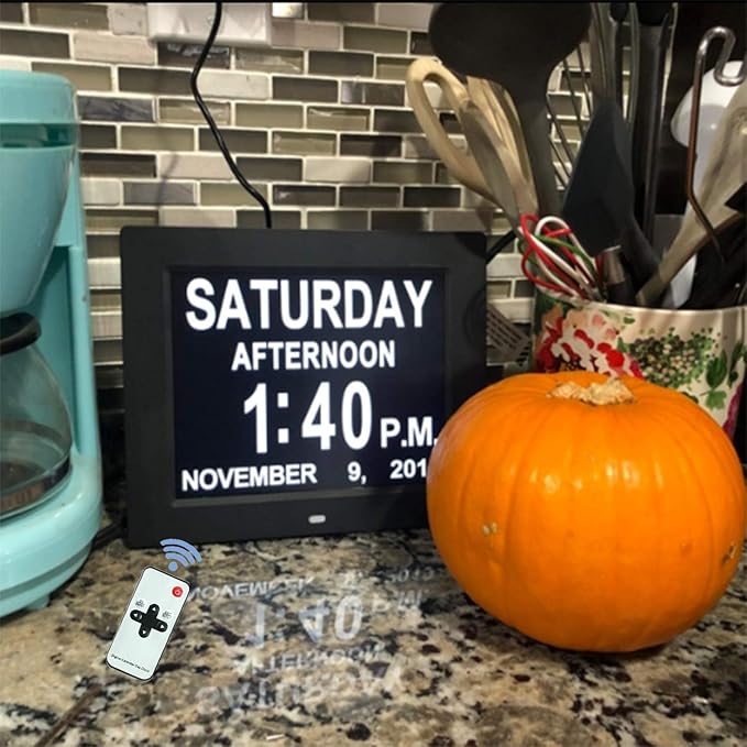 New 2026 Digital Calendar Alarm Day Clock - with 8" Large Screen Display, am pm, Multiple Alarms, for Impaired Vision People, The Aged Seniors, The Dementia, for Desk, Wall Mounted, Black