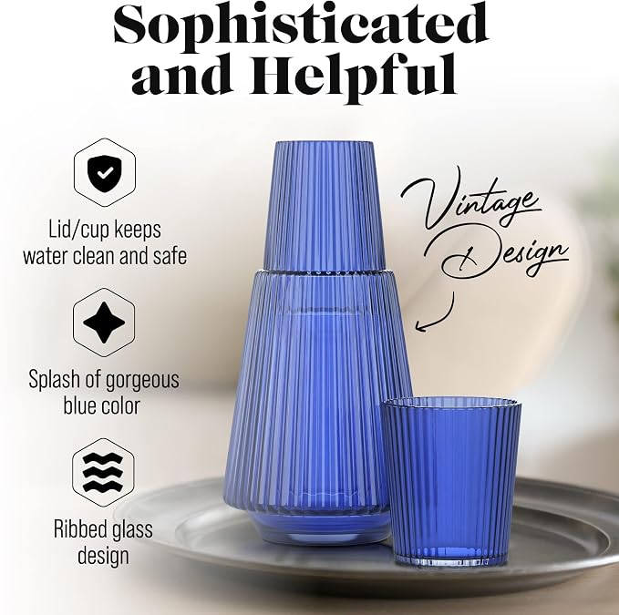 American Atelier 37 oz Vintage Bedside Water Carafe with Tumbler Lid – 9.25" Ribbed Glass Pitcher for Nightstand, Guest Room, Office, Functional & Stylish Drinkware for Daily Use (Blue)