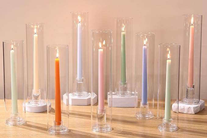 NITIME 12 Set Hurricane Glass Candle Holders for Taper Candles, Set of 3 Assorted Heights Windproof Glass Tubes (11.8/12.6/13.8") & Bases, Candlestick Holders for Wedding Table Decor, Party, Events