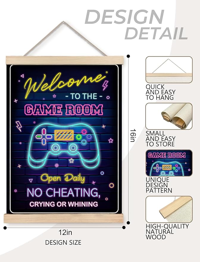 Foritho Neon Welcome to the Game Room Sign Poster Wall Art Framed, Cool Gaming Canvas Prints Wall Decor for Boys Teens Men Guys Room Bedroom, Game Room Accessories and Decor, 12x16 Inch