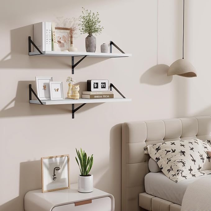 Acovy Floating Shelf for Wall,32" WX10 D Wood Floating Shelves with Sturdy Metal Bracket Set of 2,Wall Mounted Hanging Shelf for Bathroom,Bedroom,Kitchen,White