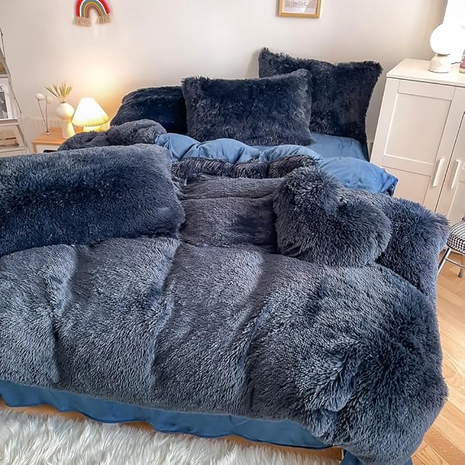 chovy Faux Fur Plush Navy Blue Comforter Sets Queen - Ultra Soft Shaggy Flannel Velvet Fluffy Fuzzy 3PC Bedding Set (Comforter x 1 Pillowcases x 2)