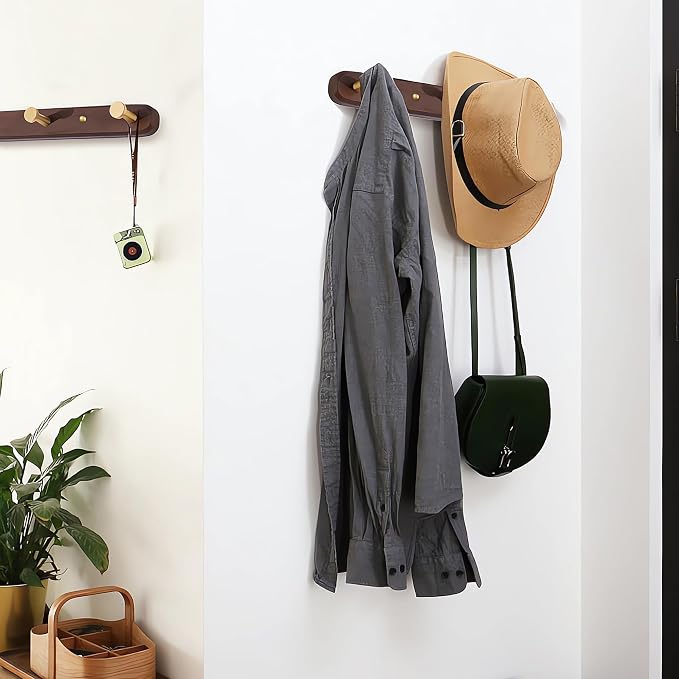 Wall Mounted Coat Rack, Entryway Hanging Coat Rack, Metal Wood Coat Rail with 3 Rustic Hooks Rail for Coat, Scarf, Bag, Towel, Key, Cap, Hat,Walnut Gold Matt
