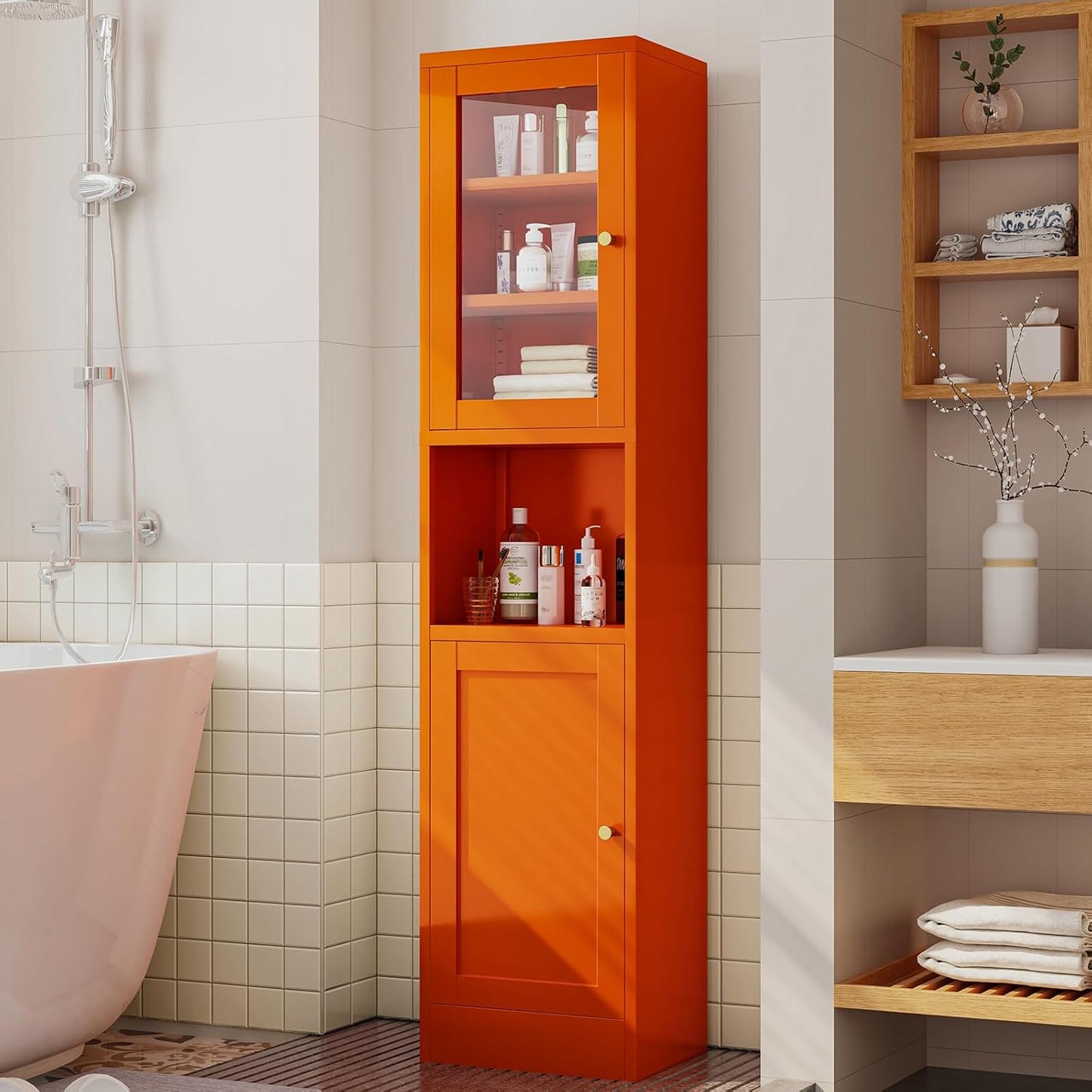 67" Tall Bathroom Storage Cabinet, Narrow Metal Floor Cabinet with Glass Door and Adjustable Shelves, Freestanding Metal Locker for Laundry, Kitchen, Dining Room