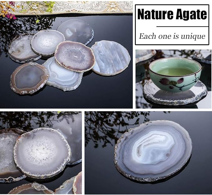 Natural Agate Coasters Set of 4, Brown Geode Stone Slices 3-3.5'' for Drinks Coffee Wine, Unique Rock Crystal Tabletop Protection with Rubber Bumpers