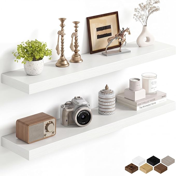 Fun Memories 36Inch Floating Shelves for Wall, 8 Inch Deep Shelves for Bathroom|Bedroom|Kitchen, Large Wall Mounted Wood Hanging Shelf with Invisible Brackets for Home Storage Decor, White - 2 Pack
