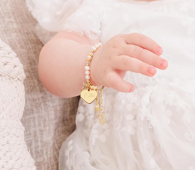 Cherished Moments 14K Gold-Plated Personalized Baptism to Bride Cross Bracelet Gift for Infant Girls with Engraved Heart and Cultured Pearls or Baby Christening