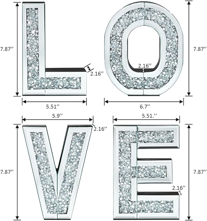 SHYFOY Love Letter Sign Living Room Decor, Mirrored Love Home Decoration for Tabletop & Wall-mount, Crystal Diamond Decorative Wall Mirrors Set for Wedding Centerpiece, Independent (4 PCS)