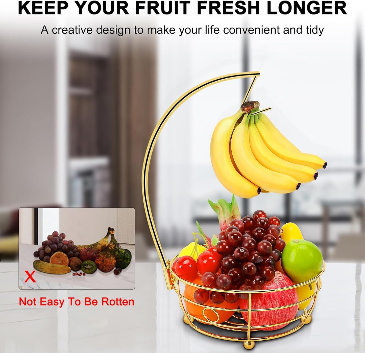 Livabber Countertop Fruit Basket Bowl with Banana Hanger, Modern Standing Fruit Vegetable Bowl Storage, with Banana Tree Holder for Kitchen Dinning Table (Round Metal, Gold)