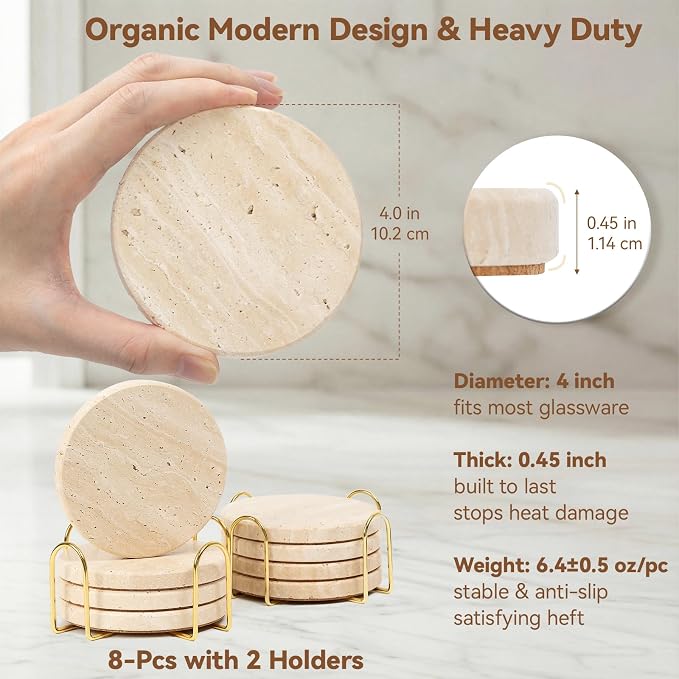 Set of 8 Travertine Coasters with Holder, 4" Round Stone Drink Coasters with Stand for Table Desk Bar - Cork Backed, Heat Resistant Rustic Farmhouse Boho Coaster, Elegant Coffee Table Decor