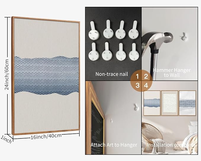 SIGNINART Large Abstract Framed Canvas Wall Art Set of 3, Minimalist Boho Line Art Prints, Modern Neutral Aesthetic Wall Decor, Blue and White Art Paintings for Living Room, Bedroom, Office 16"x24"