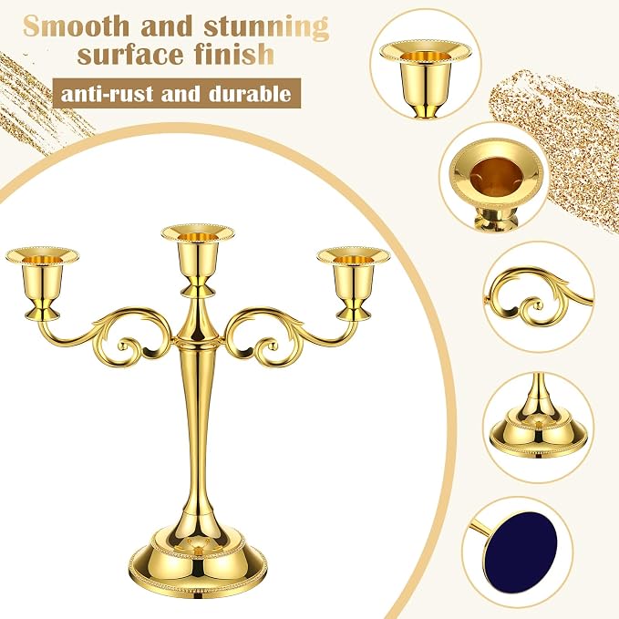 Dandat 3 Pcs 3 Arm Metal Candelabra Candlestick Holders Tall Candlestick Holders Gothic Candle Holder for Home Wedding Church Christmas Party(Classic,10 Inch,Gold)