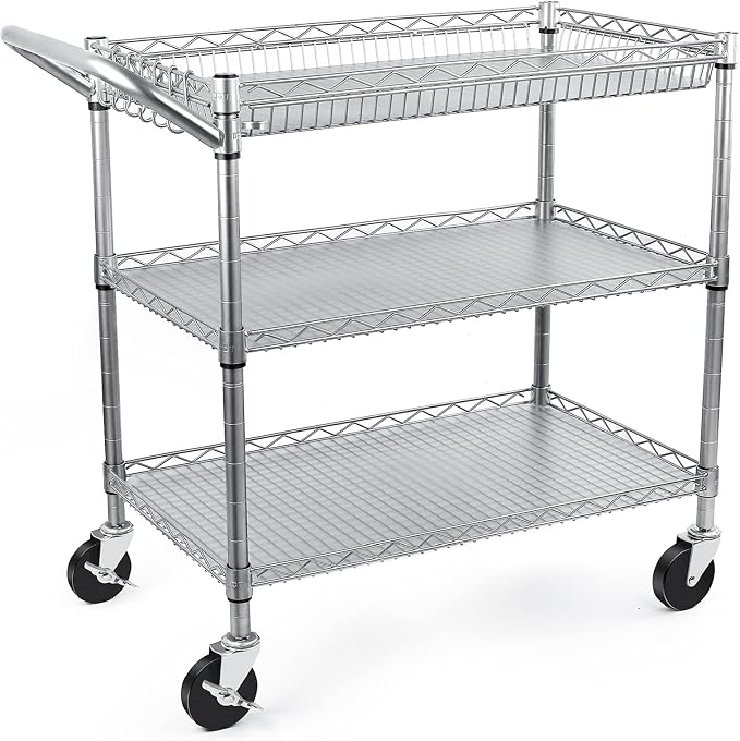 WDT Heavy Duty 3 Tier Utility Cart,Wire Rolling Carts with Wheels, Commercial Grade Service Cart with Shelving Liners and Handle Bar Metal Carts for Kitchen Office Hardware