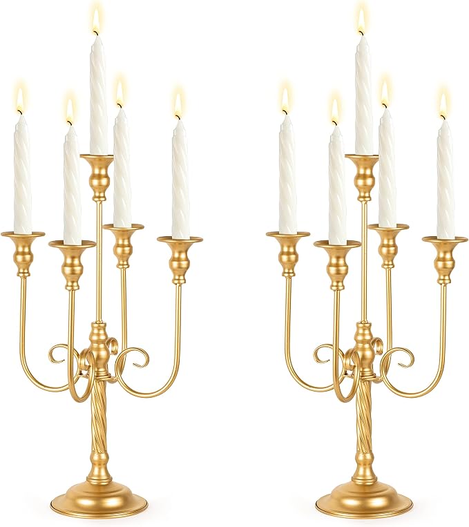 19.7in Gold Candelabra Centerpieces for Tables, 2Pcs Metal Tall Candle Holder for Taper Candles, 5 Arm Candlestick Holder for Wedding Centerpiece Decor Party Event Reception Decoration