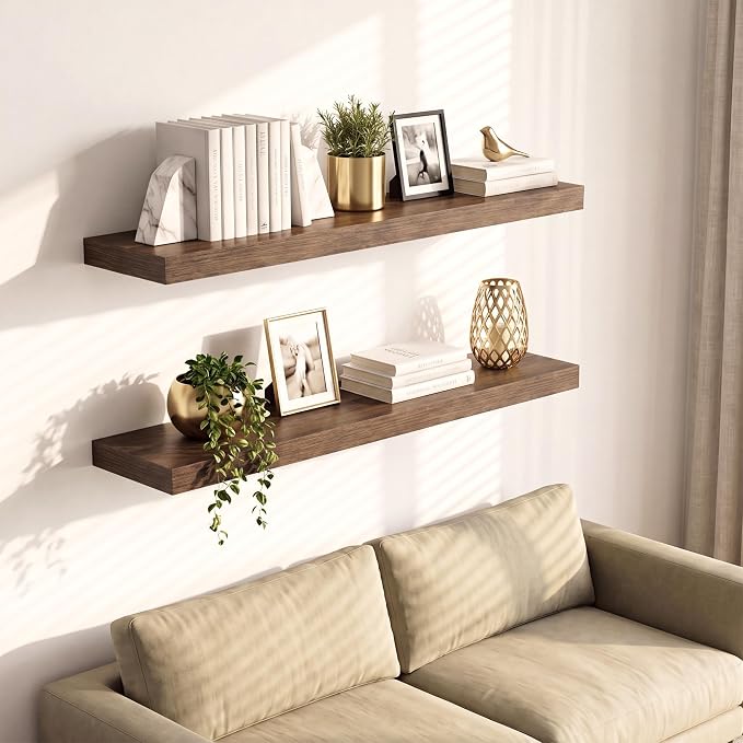 Vivelove Wall Floating Shelves for Display with Invisible Brackets, 24 Inch Floating Shelves for Bedroom Bathroom Living Room Kitchen Office, 24”X 8" X 1.4", Set of 2 - Walnut