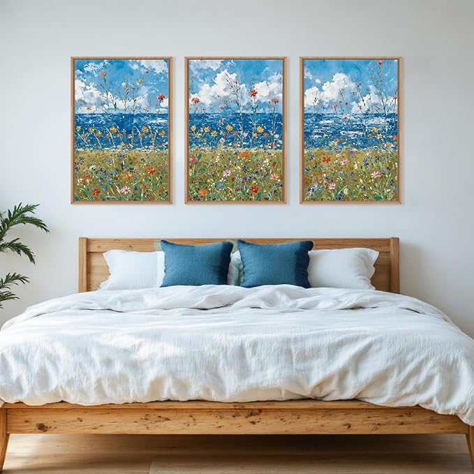 Large Blue Seaside Wildflower Framed Canvas Wall Art,Modern Nature Ocean Wall Decor,Rustic Sky Printing,White Cloud Landscape Artwork for Living Room,Bedroom,Dining Room-16"x24"x3