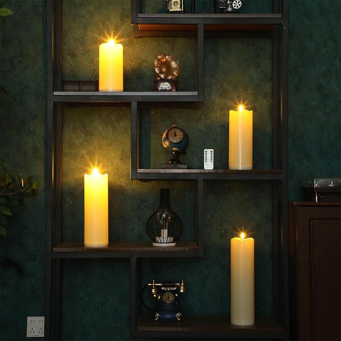 Rossesay 8" 10" 12" 14" x 4" Large Waterproof Outdoor Flameless Candles, 4 Pcs LED Pillar Candles with Remote and Timers Battery Operated Jumbo Flickering for Home Patio Porch Church Indoor Lanterns