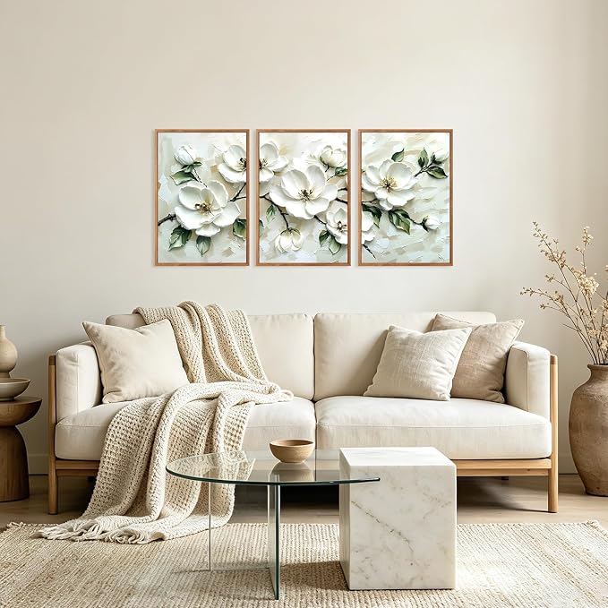 CHDITB 3D Impasto Textured White Magnolia Floral Relief Framed Canvas Wall Art Set, Neutral Beige Minimalist Wall Decor, Modern Texture Art Prints for Living Room Hallway Bedroom Home Decor 16"x24"x3
