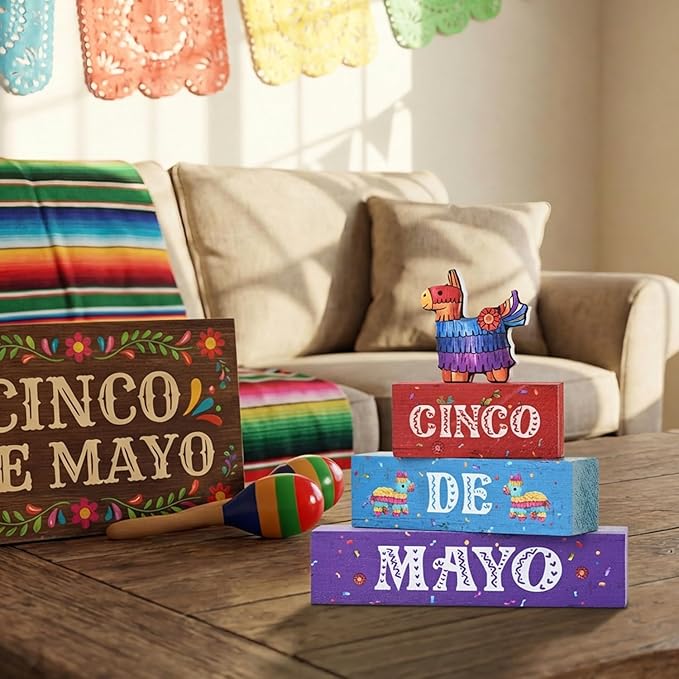 Smile Cinco De Mayo Wooden Block Stack with Piñata Llama Decor, Mexican Fiesta Tiered Tray Tabletop Sign for Cinco De Mayo Party Decorations