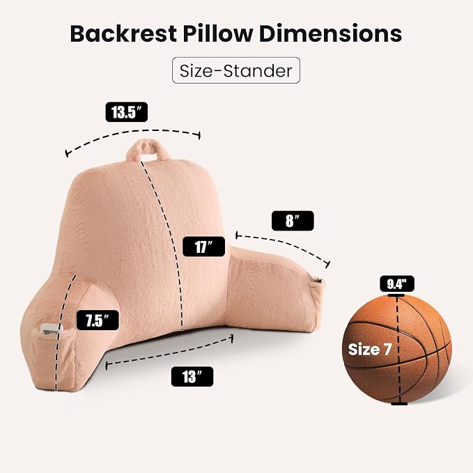 Soft Reading Pillow for Bed with Arms,Middle,Light Pink,Faux Fur | 17" Backrest with Arms for Gaming & Lounging,Oeko-TEX Certified Plush Back Pillow for Teens Room