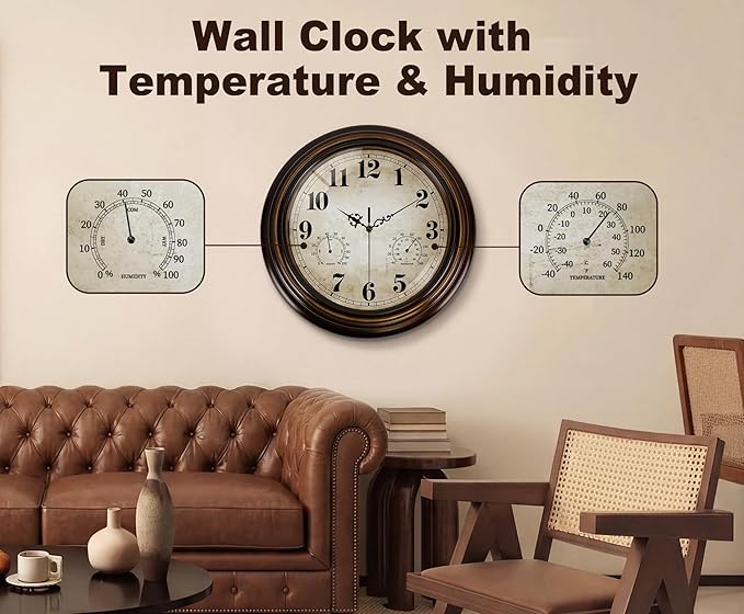 Vintage Wall Clock 13 Inch Quartz Silent Non-Ticking Analog Clock with Thermometer and Hygrometer, Battery Operated Rustic Round Decorative Clock for Living Room Kitchen Home Office