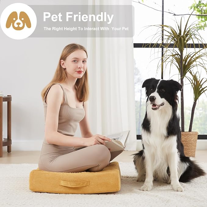 JKMAX 2 Pcs High Density Foam Floor Pillow - Upgraded Large Pillows Seating for Adults - Outdoor Floor Cushion with Soft Tufted Cover - Yoga Pillows for Sitting On Floor - 22 Inch Yellow