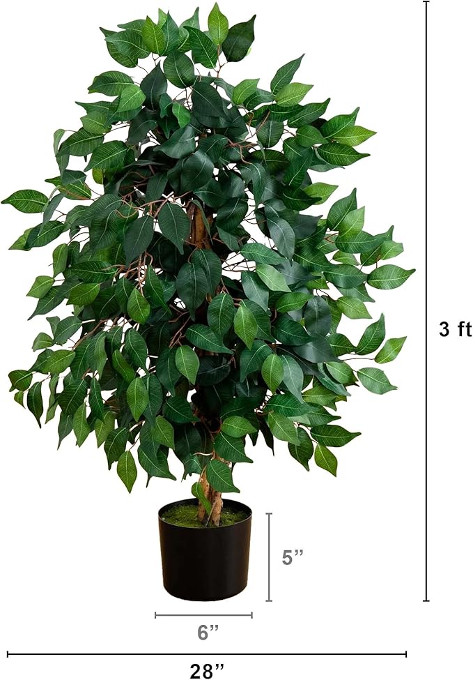 Nearly Natural 36in Triple Trunk Artificial Ficus Tree with Natural Wood Trunks, Fake Tree for Indoor Home Decor, Faux Ficus Plant in Black Nursery Pot