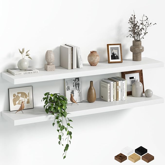 Fun Memories Floating Shelves for Wall, 48 Inch Long Set of 2 Rustic Wood Wall Shelves with Invisible Brackets, Heavy Duty Storage Display for Living Room Bedroom Kitchen, White