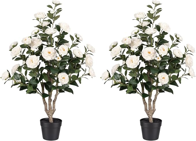 3FT Artificial Camellia Tree 2 Pack, UV Resistant Faux Camellia Plants with Realistic White Flowers, Tall Fake Potted Trees for Front Porch Patio Garden Home Decor, Indoor Outdoor