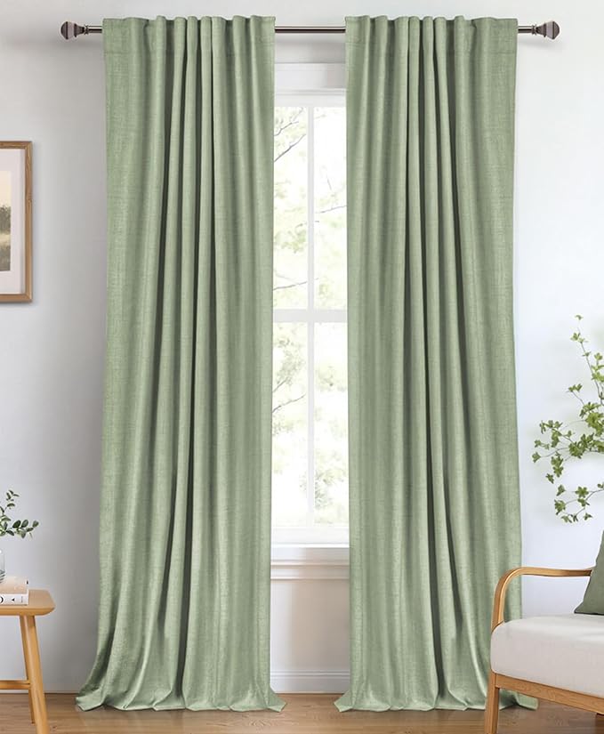 100% Blackout Shield Linen Blackout Curtains for Bedroom 84 Inches Long, Back Tab/Rod Pocket Living Room Drapes, Thermal Insulated Blackout Curtains 2 Panels Set, 50" W x 84" L, Sage
